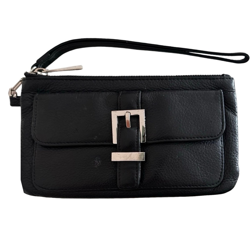 EXPRESS Black Leather Wristlet 7.5”x 4.5” Zip Flap & Snap Buckle